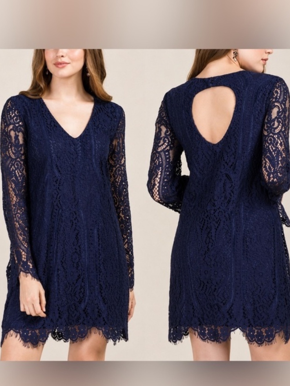 Francesca's Collections Navy Lace Long-Sleeve A-Line Dress